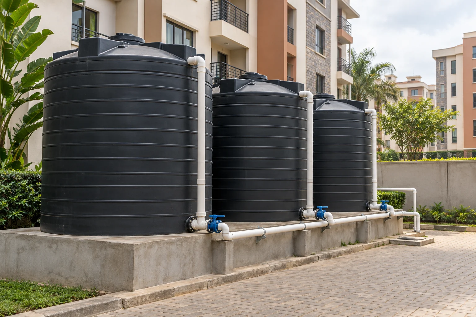 Three large black water storage tanks on a raised concrete plinth beside an apartment block