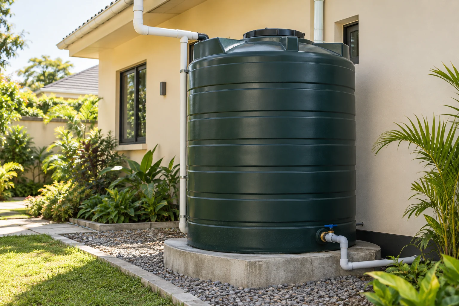 Domestic water tank beside a home and tropical planting
