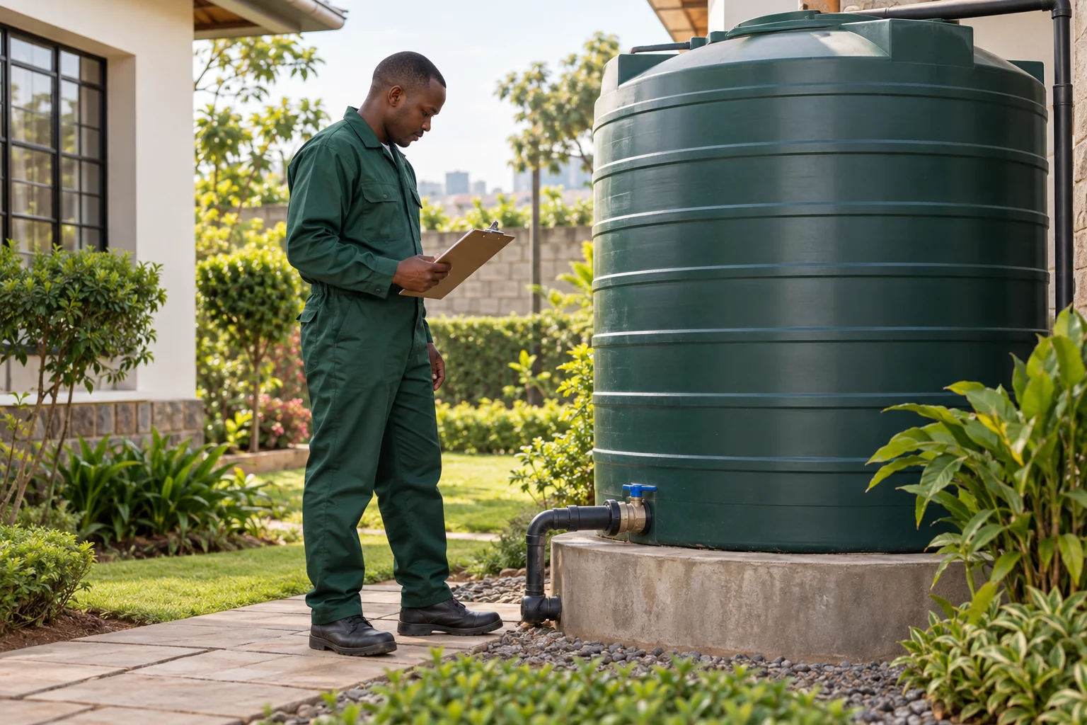 Technician reviewing a clipboard beside a ground-level water tank in a planted courtyard