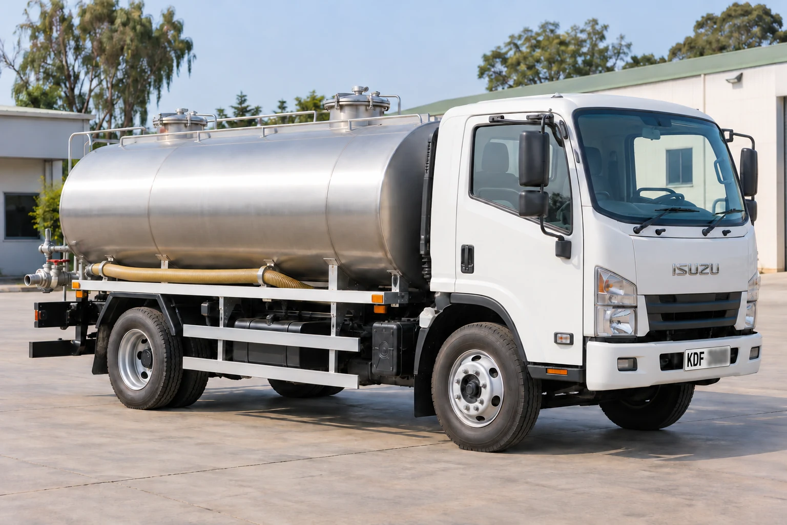 White Isuzu water tanker truck with a stainless steel tank and stowed hose in a service yard