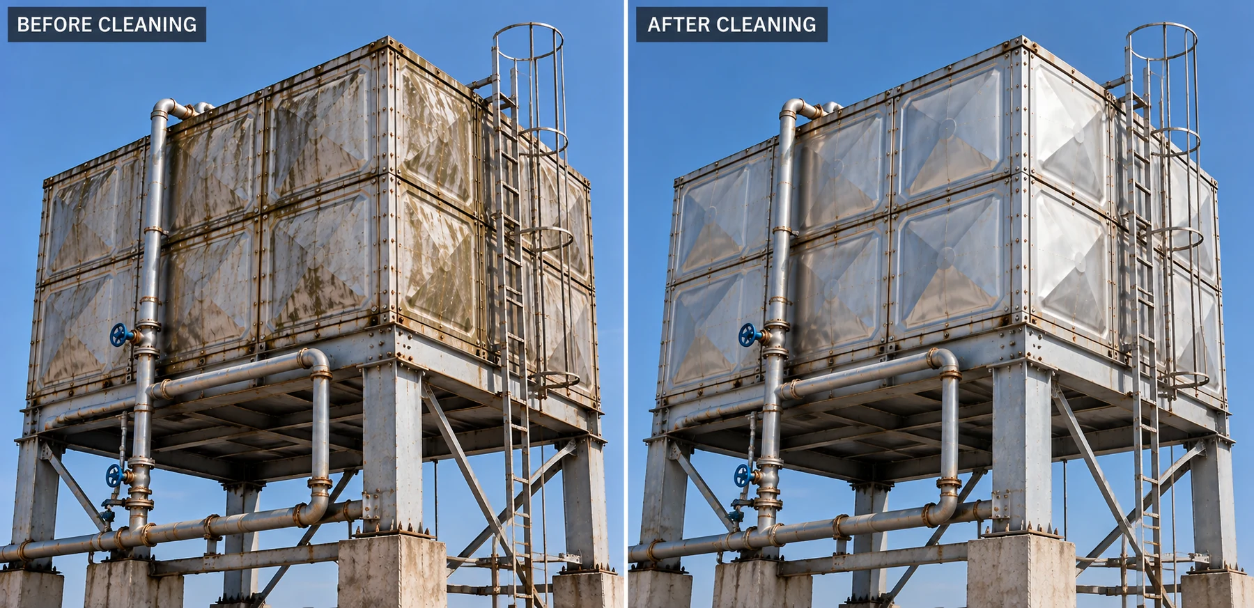 Side-by-side industrial water tank views labelled before cleaning and after cleaning