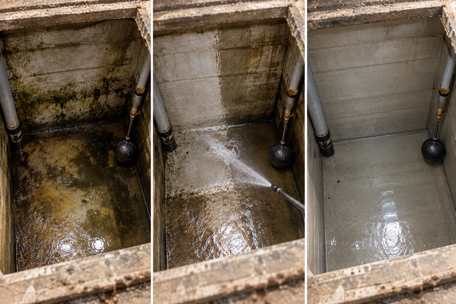 Three-panel image of a concrete underground tank before cleaning, during pressure washing, and after cleaning